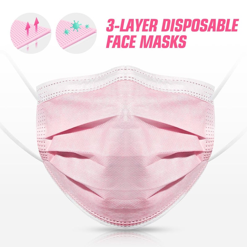 PM PERFORMOTOR 50 Pcs Disposable Face Cover 3-Ply Filter Non Medical Breathable Earloop Masks (Pink) - Image 3